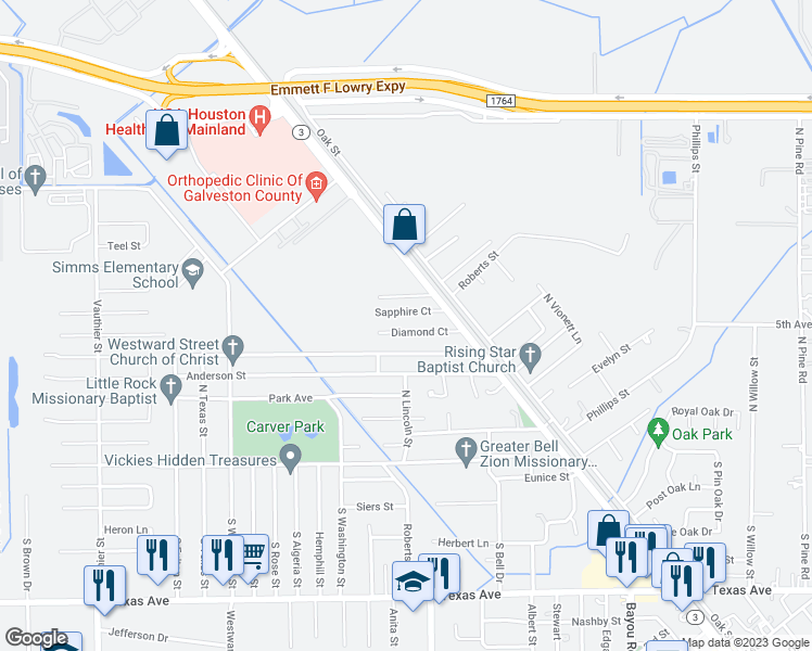 map of restaurants, bars, coffee shops, grocery stores, and more near 6118 Diamond Court in Texas City