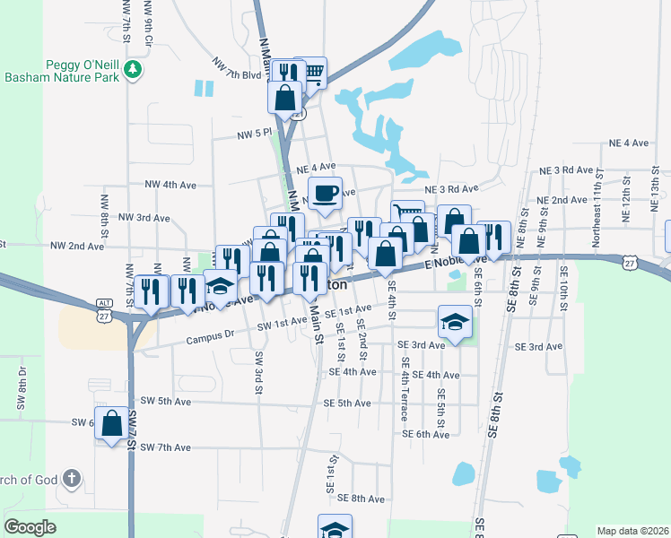 map of restaurants, bars, coffee shops, grocery stores, and more near 19 Northeast 1st Street in Williston