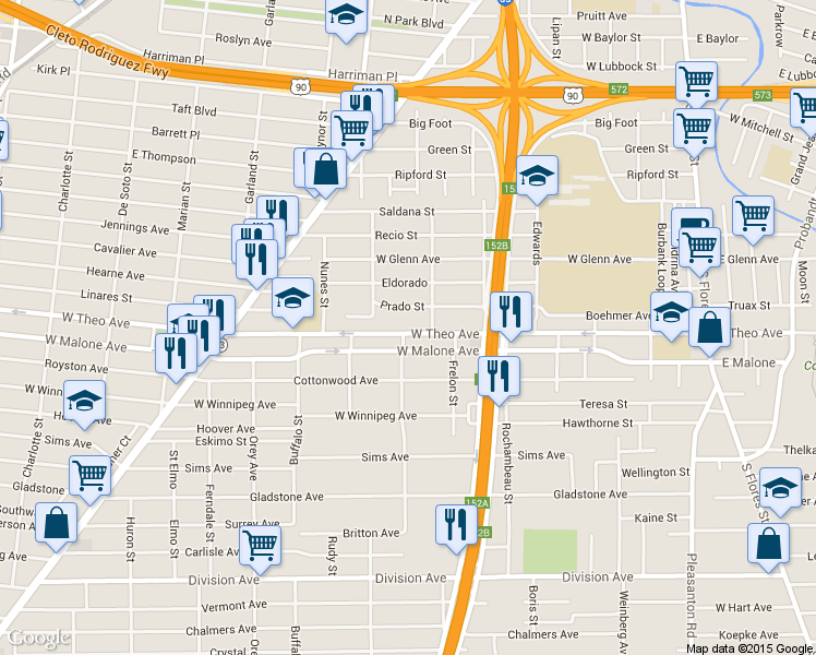 map of restaurants, bars, coffee shops, grocery stores, and more near 675 West Theo Avenue in San Antonio