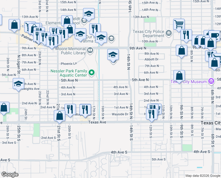 map of restaurants, bars, coffee shops, grocery stores, and more near 1517 4th Avenue North in Texas City
