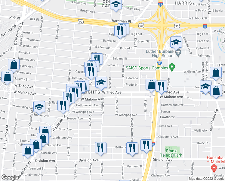 map of restaurants, bars, coffee shops, grocery stores, and more near 420 Nunes Street in San Antonio