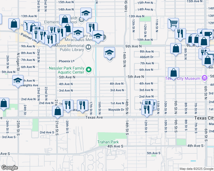 map of restaurants, bars, coffee shops, grocery stores, and more near 1517 4th Avenue North in Texas City