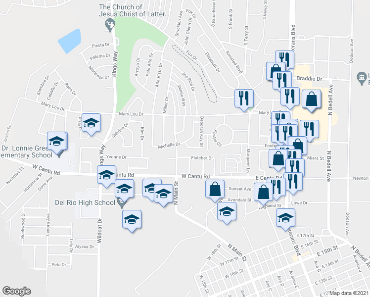 map of restaurants, bars, coffee shops, grocery stores, and more near 103 Deborah Kay Street in Del Rio