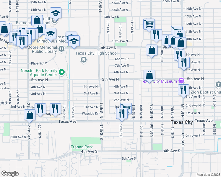 map of restaurants, bars, coffee shops, grocery stores, and more near 1237 4th Avenue North in Texas City