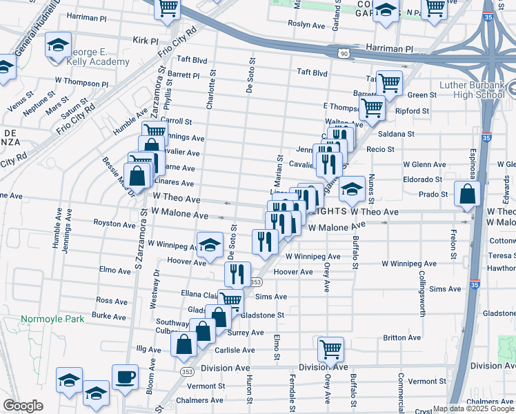 map of restaurants, bars, coffee shops, grocery stores, and more near 1130 West Theo Avenue in San Antonio