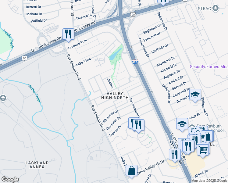 map of restaurants, bars, coffee shops, grocery stores, and more near 414 Bridle Ridge in San Antonio