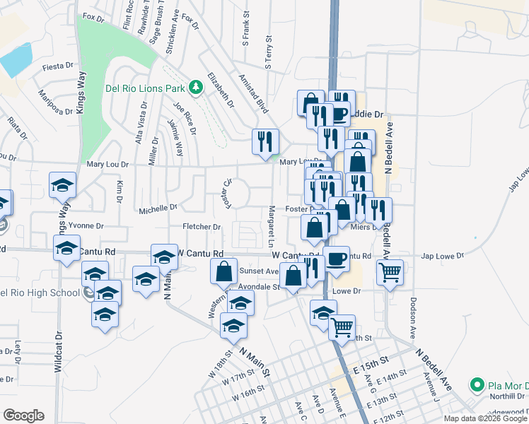 map of restaurants, bars, coffee shops, grocery stores, and more near Royal Way Drive in Del Rio