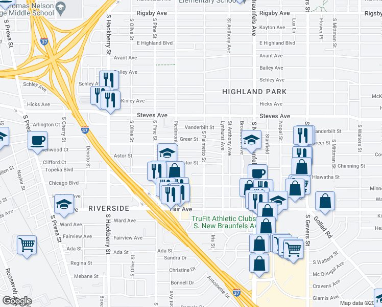 map of restaurants, bars, coffee shops, grocery stores, and more near 430 Haggin Street in San Antonio