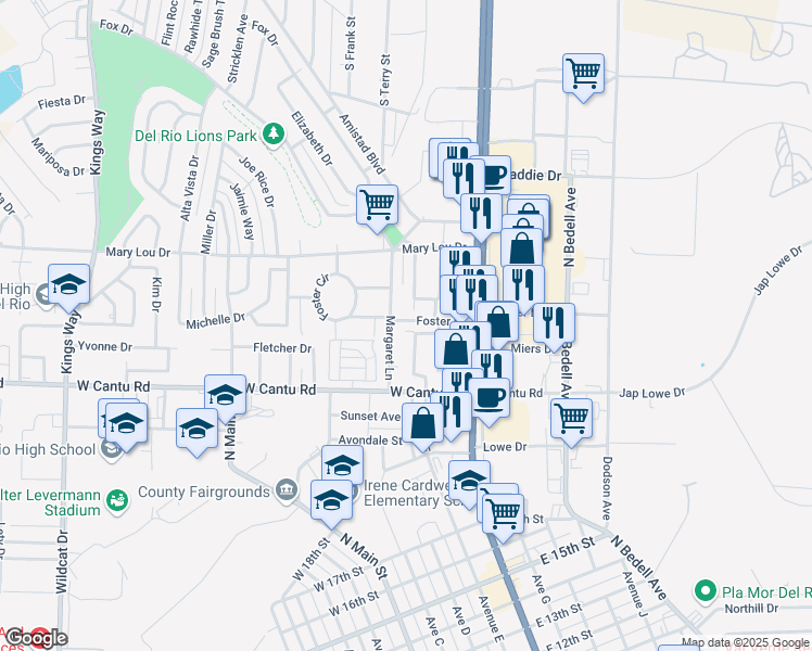 map of restaurants, bars, coffee shops, grocery stores, and more near 113 Mercedez Drive in Del Rio