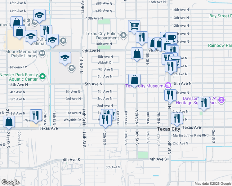 map of restaurants, bars, coffee shops, grocery stores, and more near 1102 3rd Avenue North in Texas City