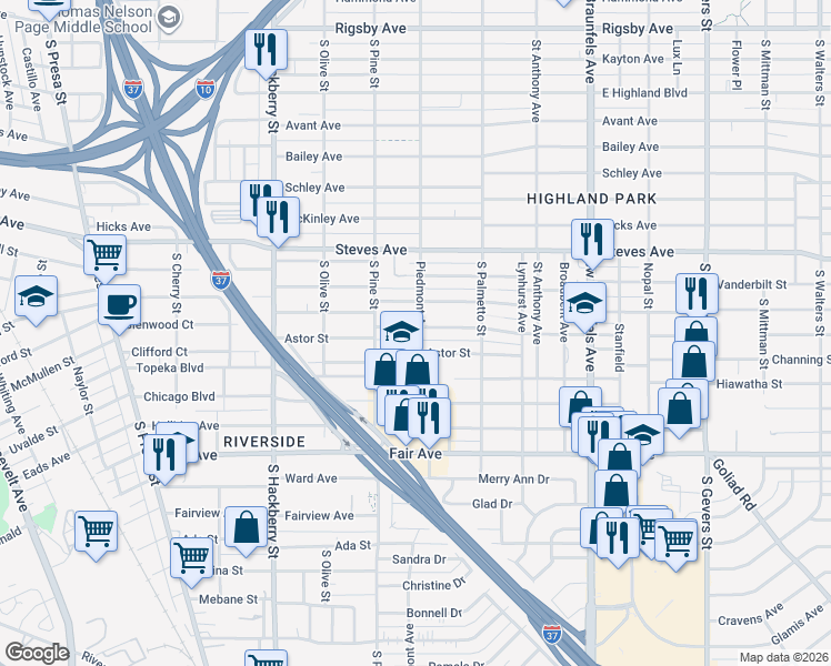 map of restaurants, bars, coffee shops, grocery stores, and more near 401 Astor Street in San Antonio