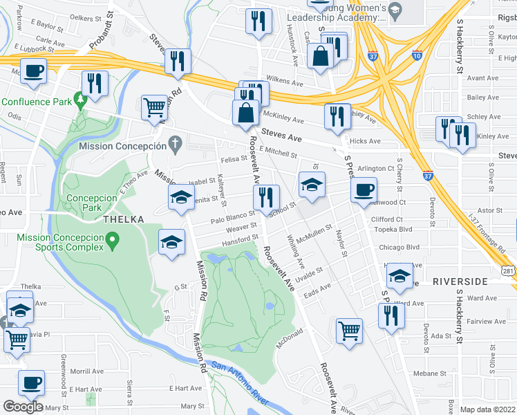 map of restaurants, bars, coffee shops, grocery stores, and more near 1526 Roosevelt Avenue in San Antonio