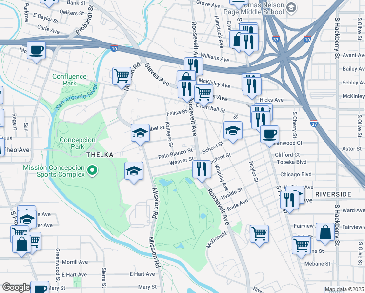 map of restaurants, bars, coffee shops, grocery stores, and more near 129 Palo Blanco Street in San Antonio