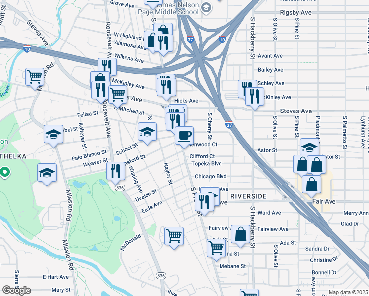 map of restaurants, bars, coffee shops, grocery stores, and more near 3500 South Presa Street in San Antonio