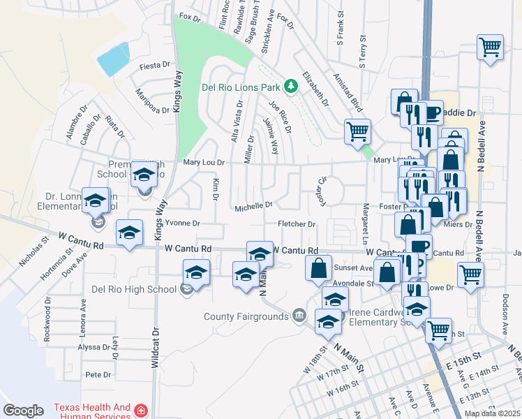 map of restaurants, bars, coffee shops, grocery stores, and more near 2402 North Main Street in Del Rio