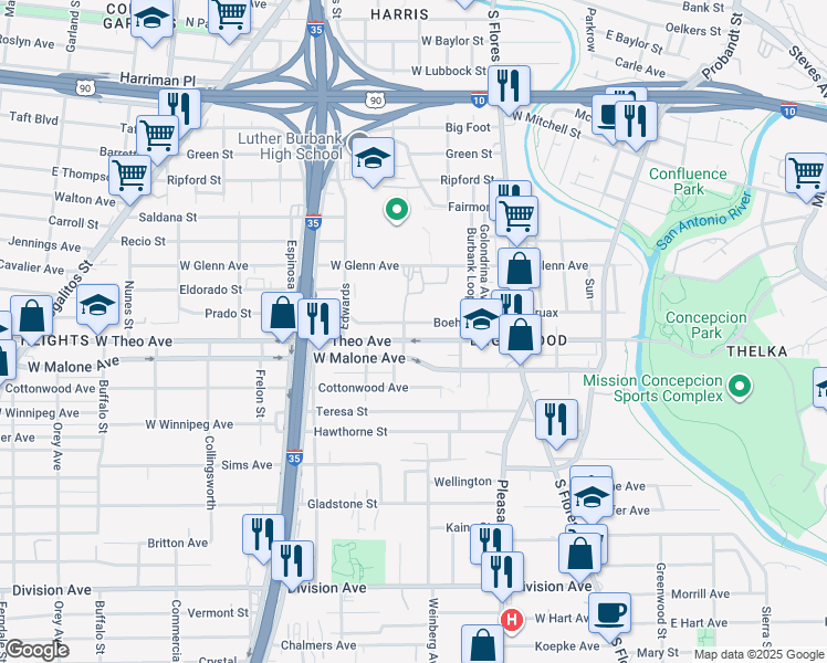 map of restaurants, bars, coffee shops, grocery stores, and more near in San Antonio