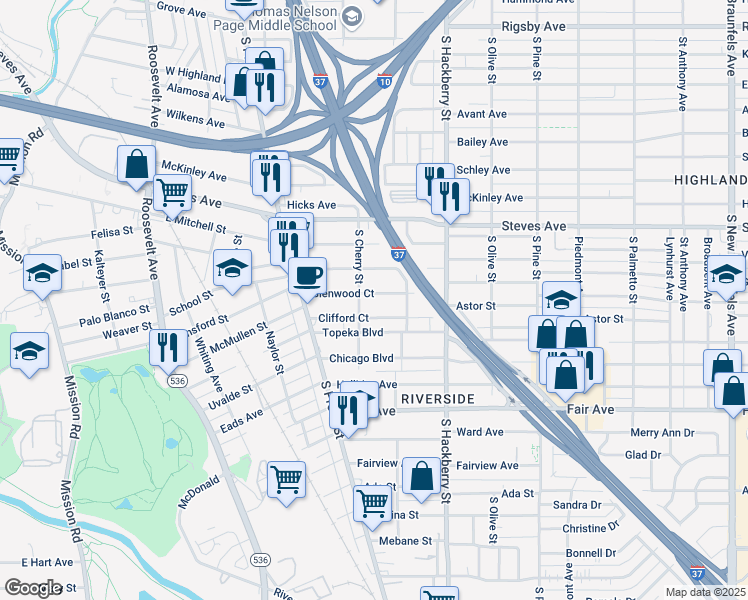 map of restaurants, bars, coffee shops, grocery stores, and more near 214 Glenwood Court in San Antonio