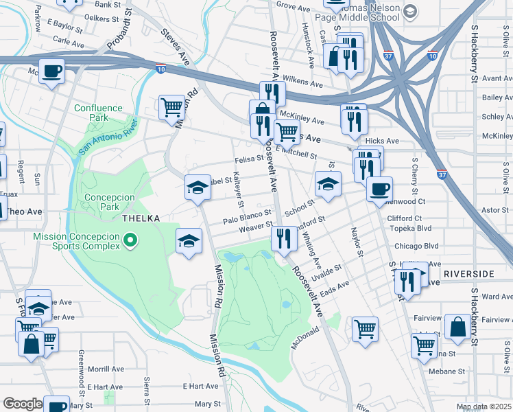 map of restaurants, bars, coffee shops, grocery stores, and more near 129 Palo Blanco Street in San Antonio