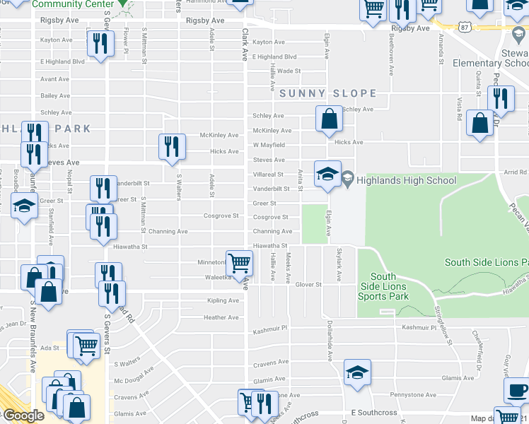 map of restaurants, bars, coffee shops, grocery stores, and more near 702 Cosgrove Street in San Antonio