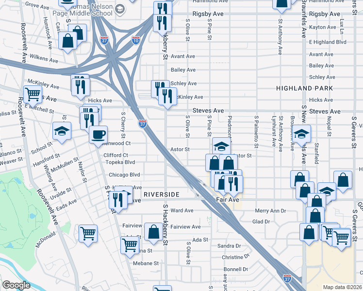 map of restaurants, bars, coffee shops, grocery stores, and more near 138 Astor Street in San Antonio