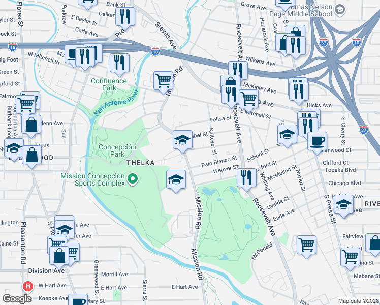 map of restaurants, bars, coffee shops, grocery stores, and more near 1116 Mission Road in San Antonio