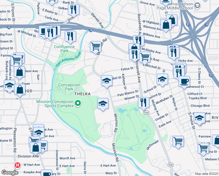 map of restaurants, bars, coffee shops, grocery stores, and more near 1116 Mission Road in San Antonio
