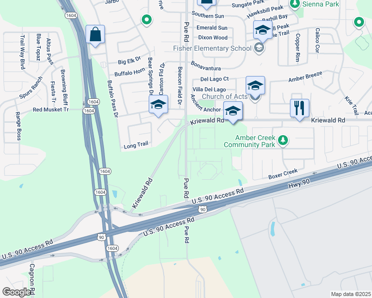 map of restaurants, bars, coffee shops, grocery stores, and more near 2405 Pue Road in San Antonio