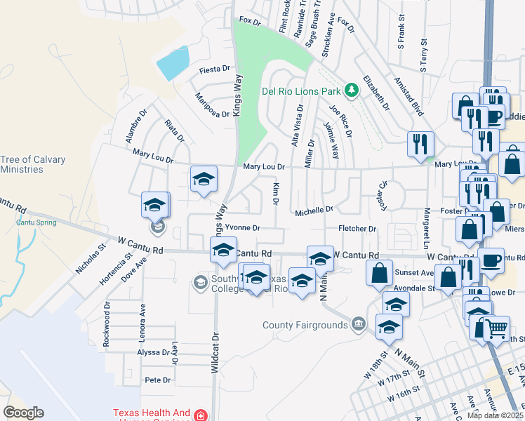 map of restaurants, bars, coffee shops, grocery stores, and more near 156 San Marcos Drive in Del Rio