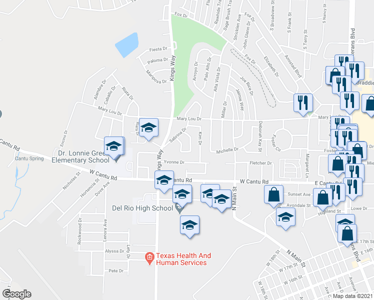 map of restaurants, bars, coffee shops, grocery stores, and more near 156 San Marcos Drive in Del Rio