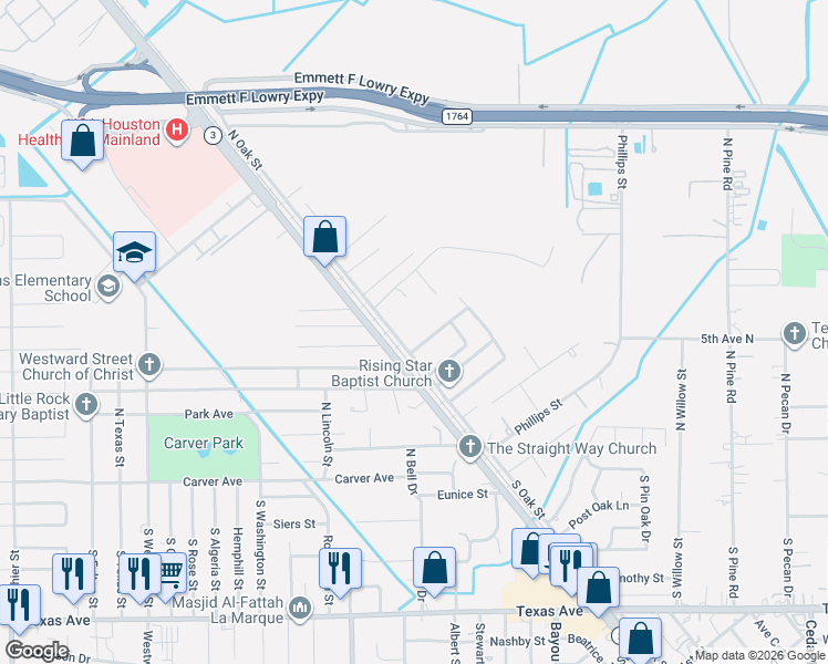 map of restaurants, bars, coffee shops, grocery stores, and more near 5813 Woodrow Street in Texas City