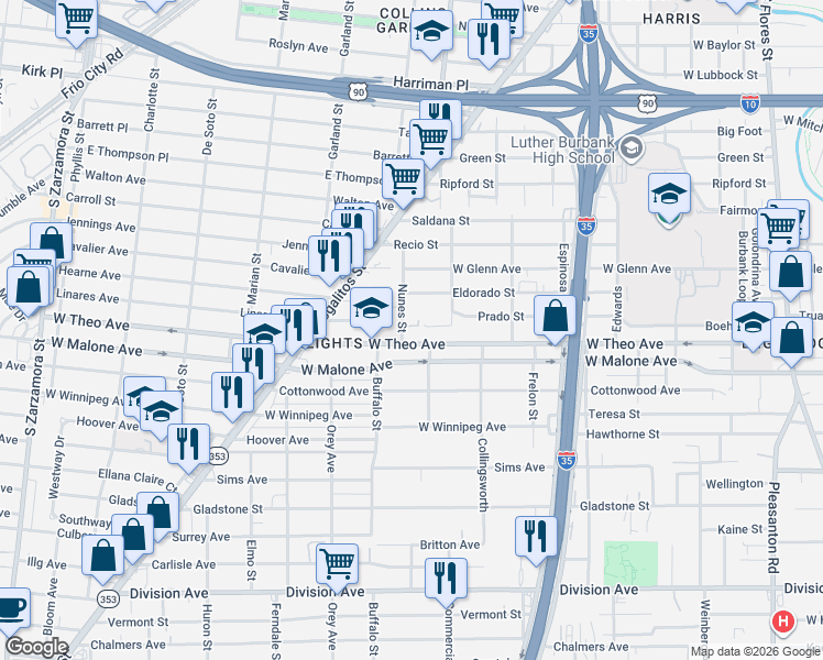 map of restaurants, bars, coffee shops, grocery stores, and more near 420 Nunes Street in San Antonio