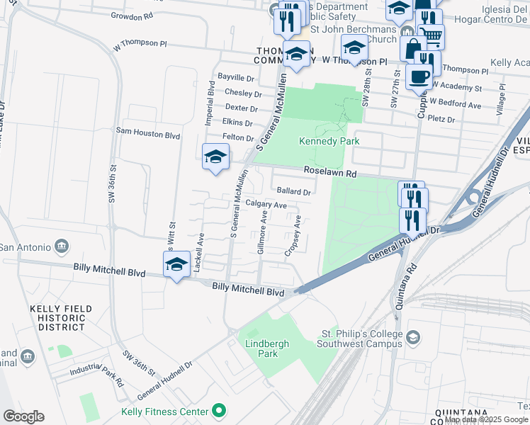 map of restaurants, bars, coffee shops, grocery stores, and more near 401 Gillmore Avenue in San Antonio
