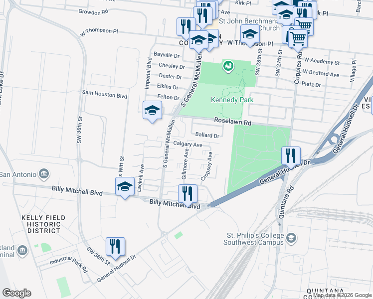 map of restaurants, bars, coffee shops, grocery stores, and more near 401 Gillmore Avenue in San Antonio