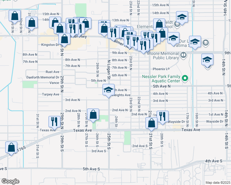 map of restaurants, bars, coffee shops, grocery stores, and more near 300 North Logan Street in Texas City