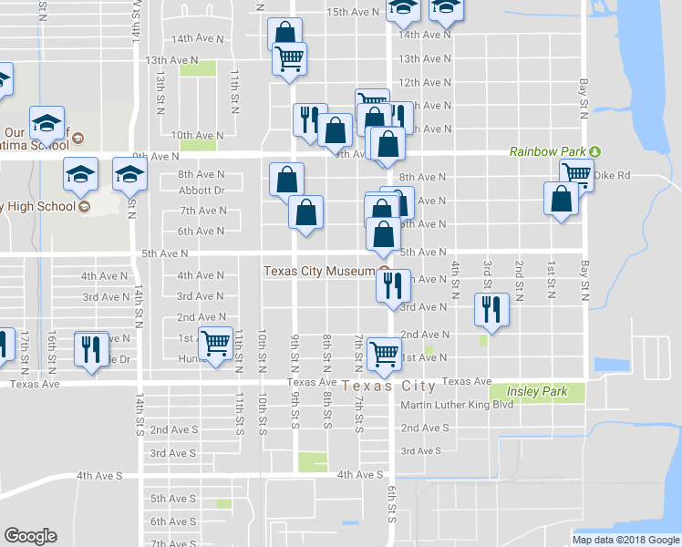 map of restaurants, bars, coffee shops, grocery stores, and more near 720 4th Avenue North in Texas City