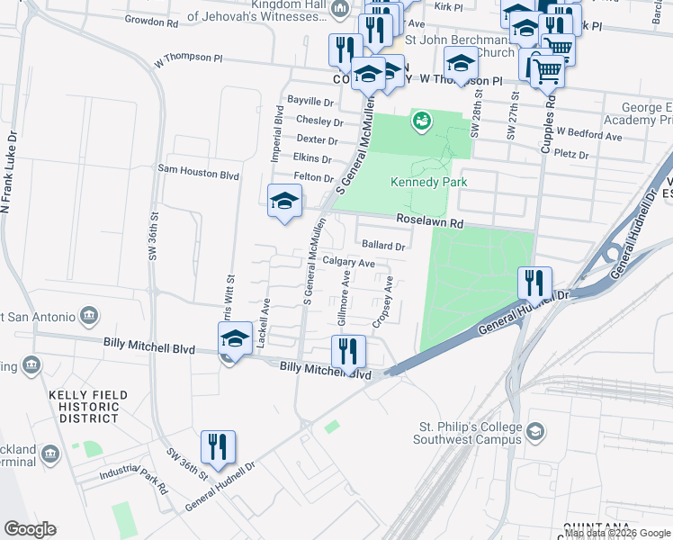 map of restaurants, bars, coffee shops, grocery stores, and more near 402 Gillmore Avenue in San Antonio