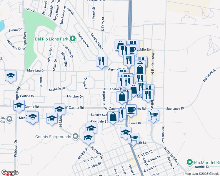 map of restaurants, bars, coffee shops, grocery stores, and more near 113 Mercedez Drive in Del Rio