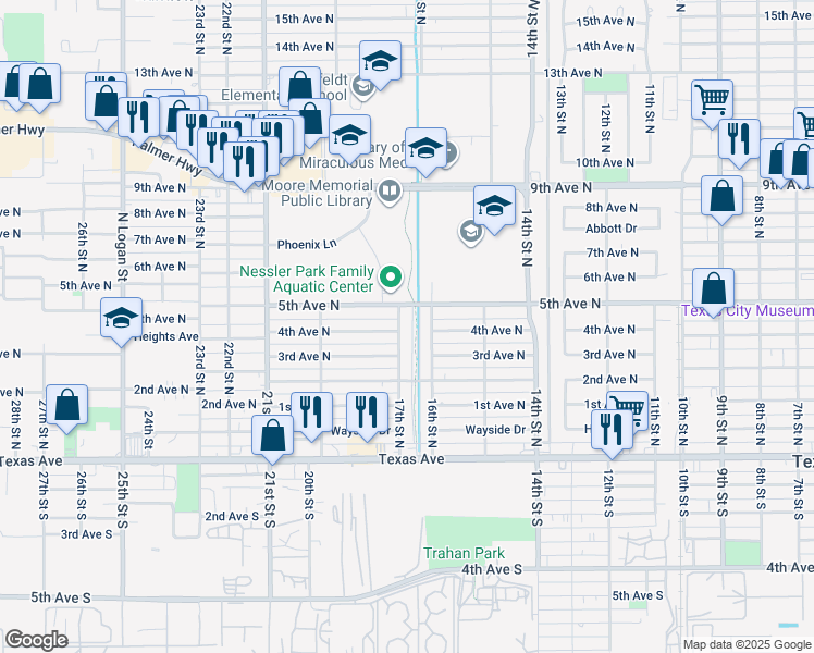 map of restaurants, bars, coffee shops, grocery stores, and more near 1701 4th Avenue North in Texas City