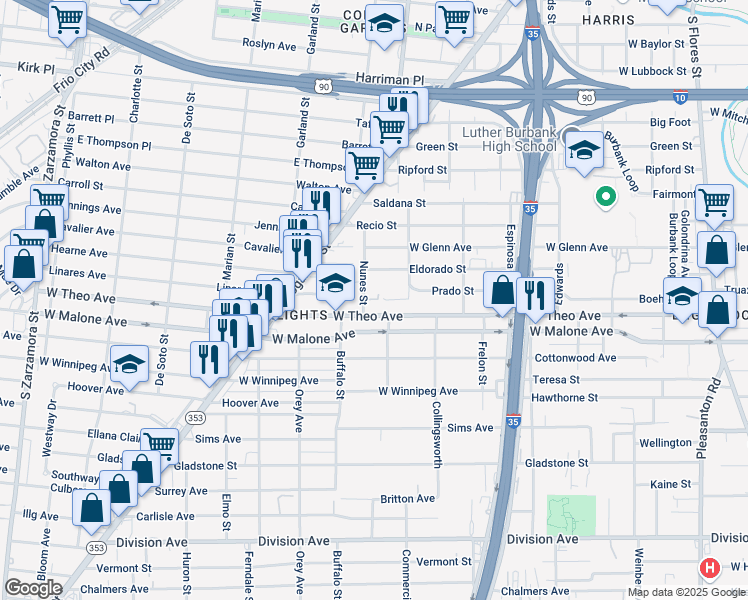 map of restaurants, bars, coffee shops, grocery stores, and more near 420 Nunes Street in San Antonio