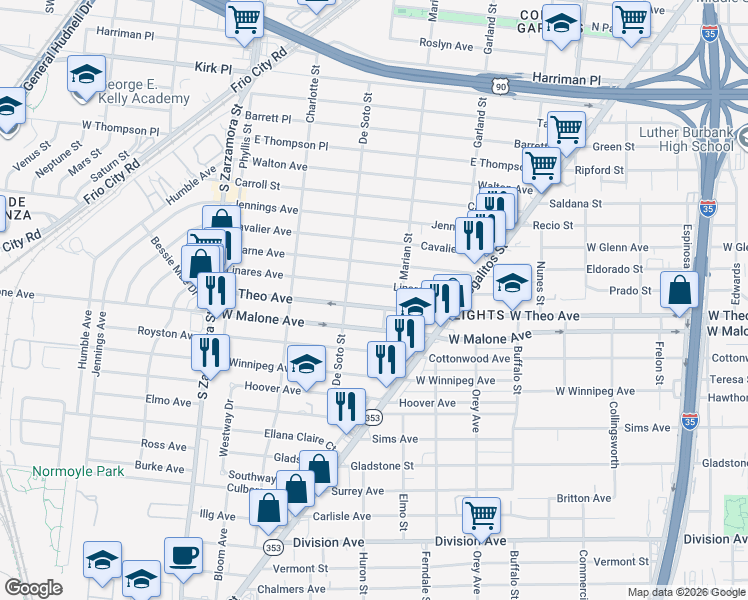 map of restaurants, bars, coffee shops, grocery stores, and more near 1130 West Theo Avenue in San Antonio