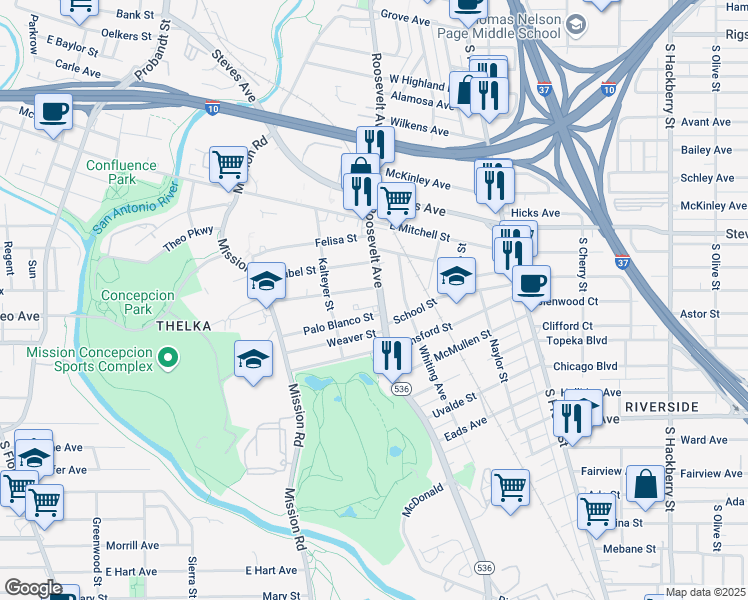 map of restaurants, bars, coffee shops, grocery stores, and more near 1515 Roosevelt Avenue in San Antonio