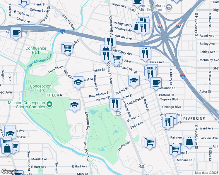 map of restaurants, bars, coffee shops, grocery stores, and more near 1507 Roosevelt Avenue in San Antonio