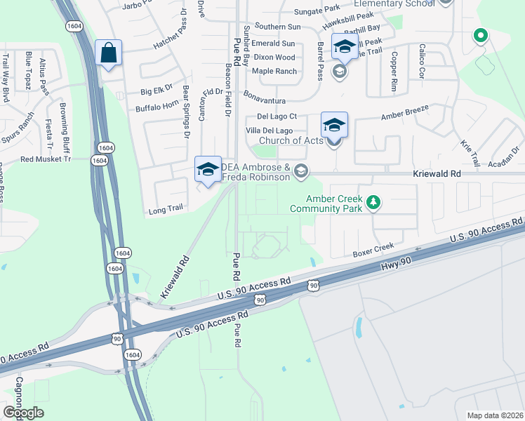 map of restaurants, bars, coffee shops, grocery stores, and more near 2405 Pue Road in San Antonio
