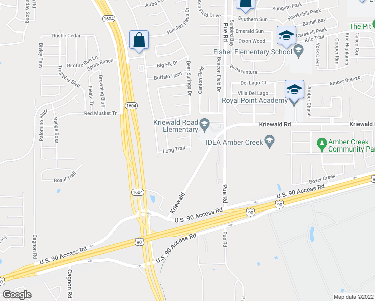 map of restaurants, bars, coffee shops, grocery stores, and more near 11402 Long Trail in San Antonio