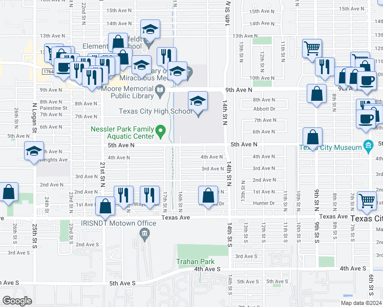 map of restaurants, bars, coffee shops, grocery stores, and more near 1522 4th Avenue North in Texas City