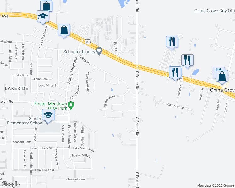 map of restaurants, bars, coffee shops, grocery stores, and more near 3115 Begonia Bend in San Antonio