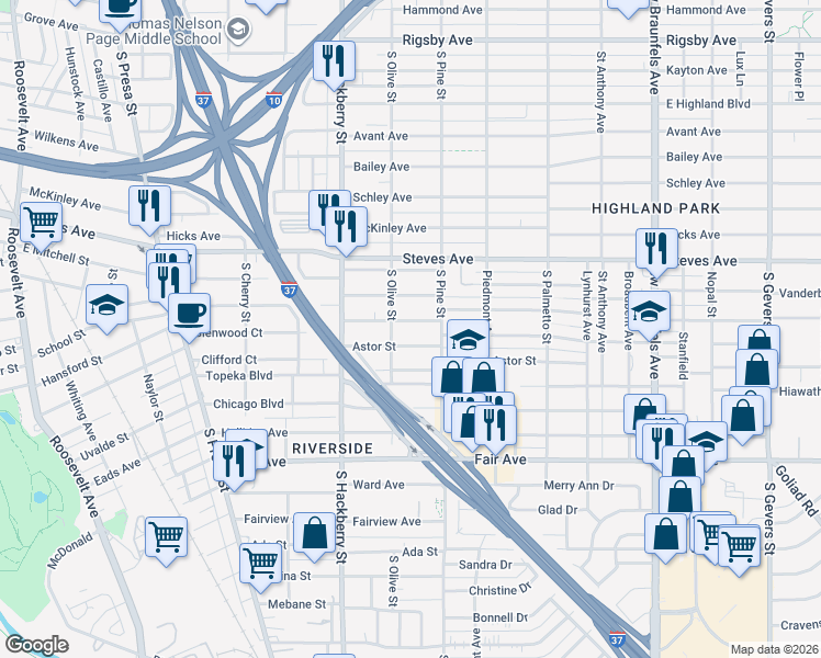 map of restaurants, bars, coffee shops, grocery stores, and more near 226 Astor Street in San Antonio