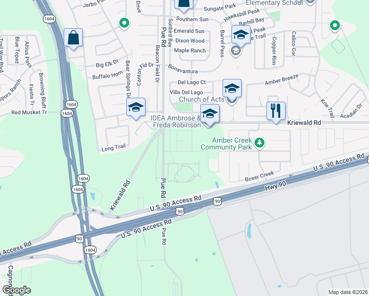 map of restaurants, bars, coffee shops, grocery stores, and more near 2405 Pue Road in San Antonio