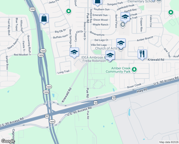map of restaurants, bars, coffee shops, grocery stores, and more near 3826 Pue Road in San Antonio