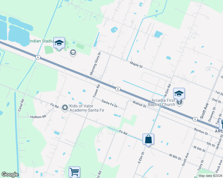 map of restaurants, bars, coffee shops, grocery stores, and more near 15511 Highway 6 in Santa Fe